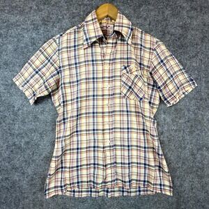 Vintage 70s Continental Shirt Men Multicolor Plaid Cotton Short Sleeve Button Up